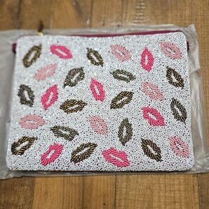 Beaded Lip Pattern Clutch - Pink, Brown, White